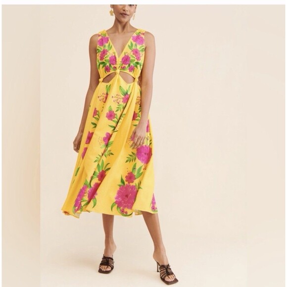 FARM Rio Dresses & Skirts - Farm Rio Knotted Cutout Waist Midi Dress Romantic Garden Size M Linen Blend